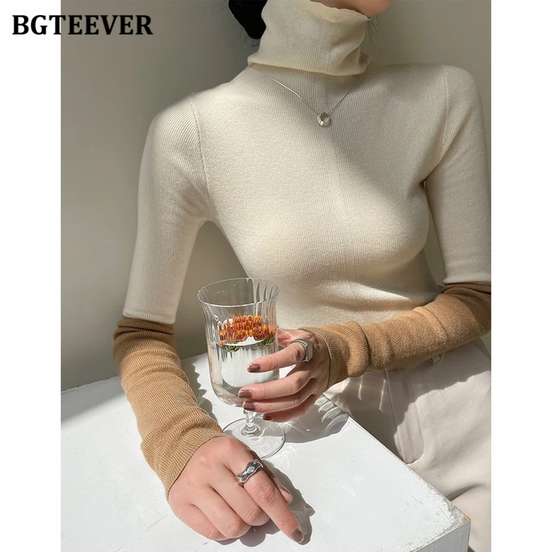 BGTEEVER, Стильные женские свитера с рукавами в стиле пэчворк, Осенние вязаные пуловеры с высоким воротом, женские облегающие вязаные джемперы, женские Изображение 1