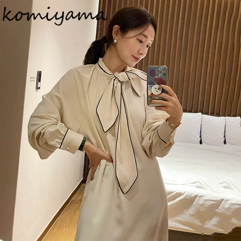 Платье на шнуровке с полувысоким воротником Komiyama, модное винтажное женское платье, осень 2023, новые платья, женское платье с высокой талией, женское платье Изображение 0