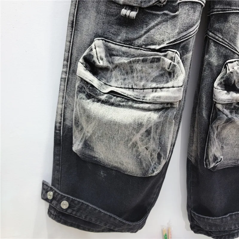 2023 Осенние Новые прямые джинсовые брюки, свободные светло-серые джинсы-карго с множеством карманов, женские джинсы-карго в стиле гранж-панк, грязные повседневные капри Изображение 3