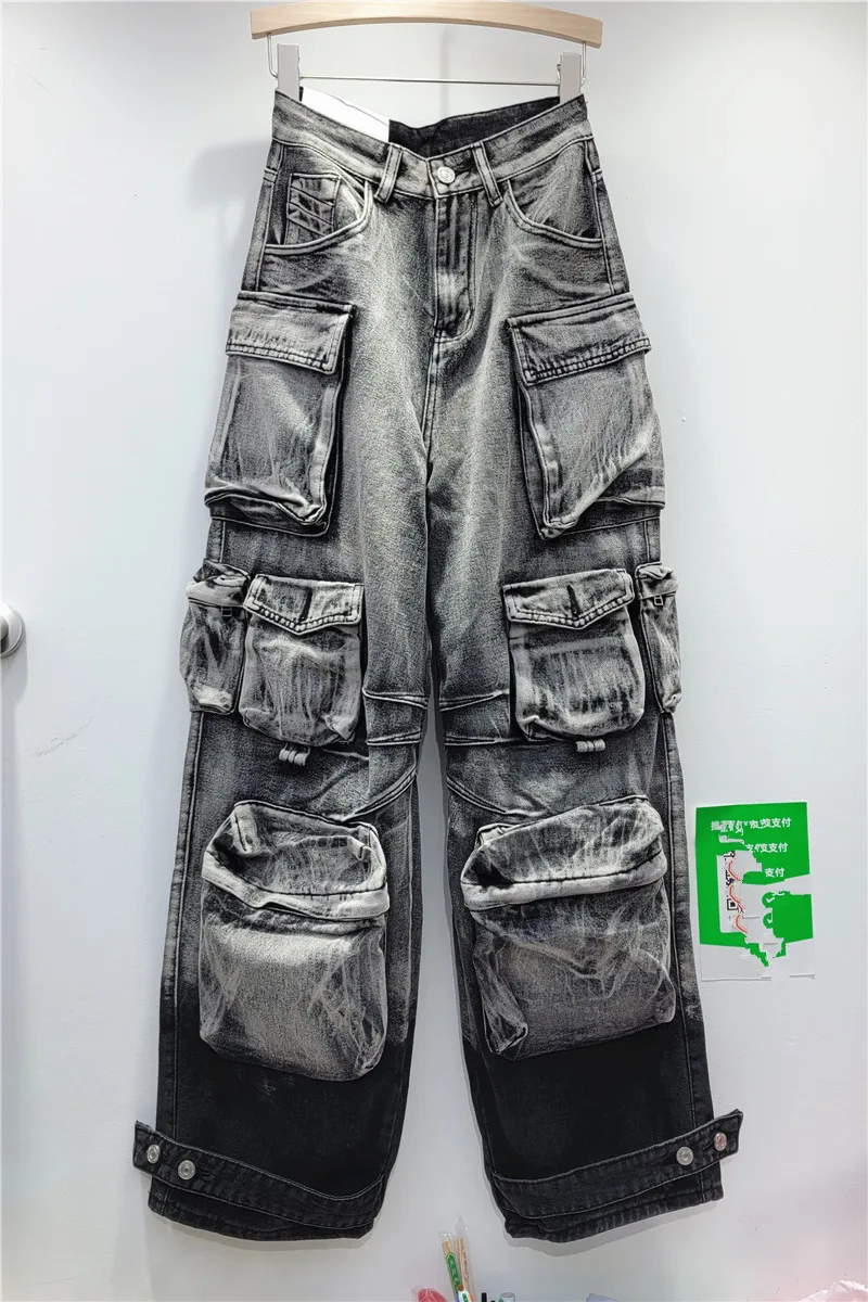 2023 Осенние Новые прямые джинсовые брюки, свободные светло-серые джинсы-карго с множеством карманов, женские джинсы-карго в стиле гранж-панк, грязные повседневные капри Изображение 5