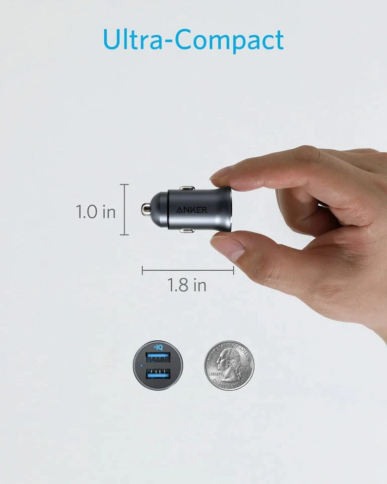 Автомобильное зарядное устройство Anker fast charger Mini 24W 4.8A Металлический автомобильный адаптер PowerDrive 2 из сплава с синим светодиодом Изображение 2