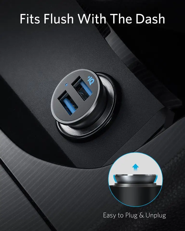 Автомобильное зарядное устройство Anker fast charger Mini 24W 4.8A Металлический автомобильный адаптер PowerDrive 2 из сплава с синим светодиодом Изображение 3