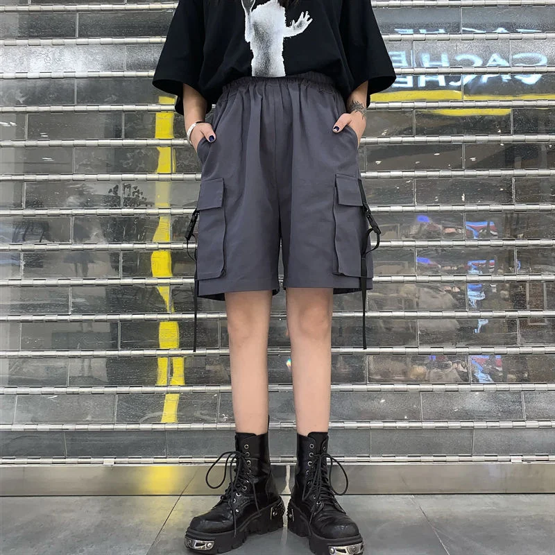 2023 Черные шорты-карго, женская летняя уличная одежда, пара широких шорт, женские брюки Harajuku с большими карманами, брюки до колен 4Xl Изображение 2