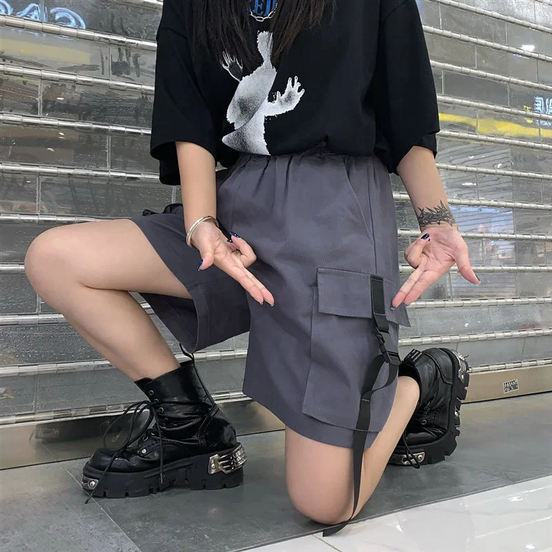 2023 Черные шорты-карго, женская летняя уличная одежда, пара широких шорт, женские брюки Harajuku с большими карманами, брюки до колен 4Xl Изображение 3