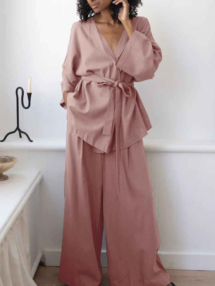 Linad Розовые пижамы для женщин, комплекты из 2 предметов, повседневные пижамы с длинным рукавом и V-образным вырезом, пояса, Женские свободные брючные костюмы, осень 2023 г. Изображение 0
