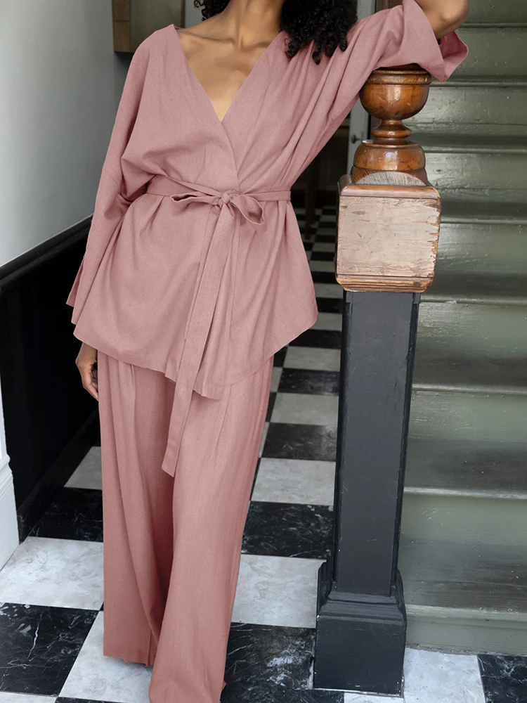 Linad Розовые пижамы для женщин, комплекты из 2 предметов, повседневные пижамы с длинным рукавом и V-образным вырезом, пояса, Женские свободные брючные костюмы, осень 2023 г. Изображение 1