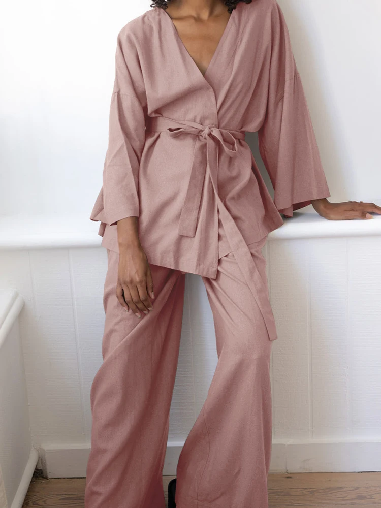 Linad Розовые пижамы для женщин, комплекты из 2 предметов, повседневные пижамы с длинным рукавом и V-образным вырезом, пояса, Женские свободные брючные костюмы, осень 2023 г. Изображение 2