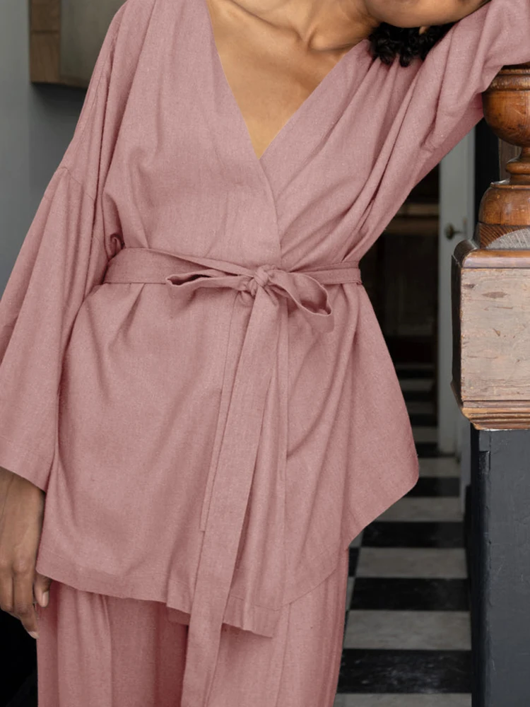 Linad Розовые пижамы для женщин, комплекты из 2 предметов, повседневные пижамы с длинным рукавом и V-образным вырезом, пояса, Женские свободные брючные костюмы, осень 2023 г. Изображение 3