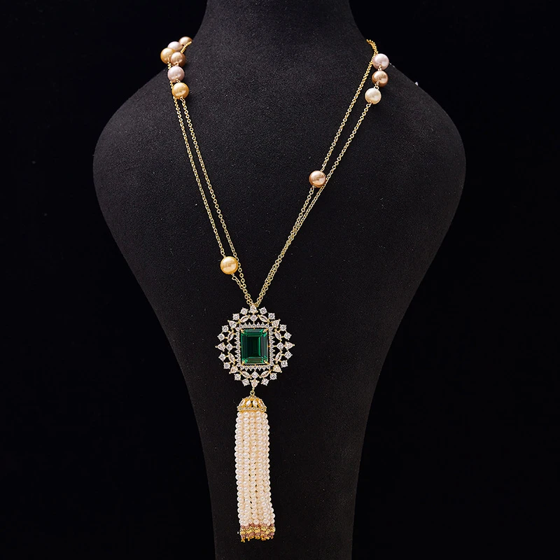 Модное ожерелье Изумрудного цвета, Двухслойная Длинная цепочка для свитера, Элитный Банкетный ювелирный набор для женщин, подарок для вечеринки Изображение 0