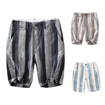 Летние Новые льняные 100% мужские шорты в пляжную полоску со Свободным карманом, повседневные дышащие мужские брюки для бега трусцой в стиле хип-хоп на пуговицах и молнии
