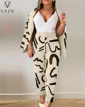 VAZN 2023, Осенний модный комплект офисного женского костюма высокого класса, длинный рукав, открытая строчка + длинные прямые брюки, женские комплекты из 2 предметов