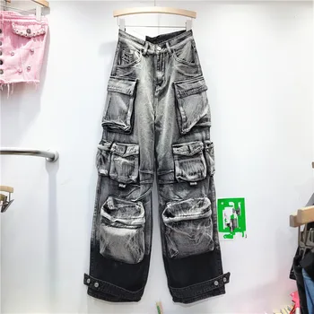 2023 Осенние Новые прямые джинсовые брюки, свободные светло-серые джинсы-карго с множеством карманов, женские джинсы-карго в стиле гранж-панк, грязные повседневные капри