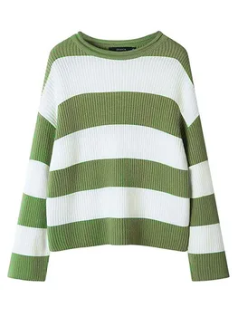 Женский свитер оверсайз Y2k, повседневный вязаный пуловер с длинным рукавом и круглым вырезом, топы с принтом в полоску, свободный джемпер