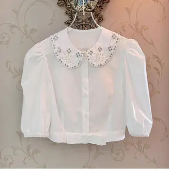 2023 Осенние женские Милые Модные Белые рубашки с кукольной шеей, усыпанные бриллиантами, Приталенные Милые блузки с короткими рукавами-пузырями