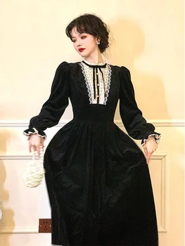 Черное бархатное платье в корейском стиле, Женское кружевное Элегантное вечернее платье Миди с длинным рукавом, Французское винтажное платье Осень 2023