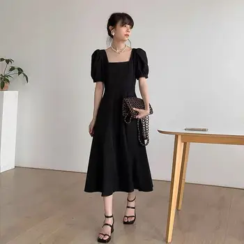 Летнее черное платье Женское Длинное повседневное платье миди Vestidos Женское вечернее платье с высокой талией Элегантная одежда