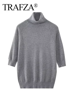TRAFZA 2023, Женский шикарный свитер, пуловеры, женский свободный вязаный Элегантный однотонный повседневный женский спортивный костюм с длинным рукавом и круглым вырезом, топ