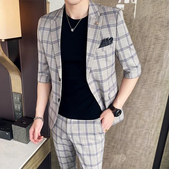 (Куртка + брюки) Новый корейский мужской классический клетчатый костюм, мужской приталенный деловой светский костюм, мужское повседневное праздничное платье, блейзер, пиджак