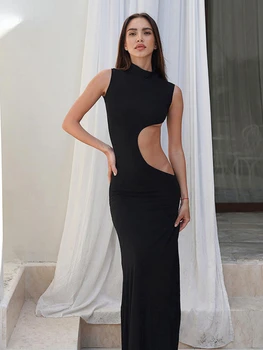 Женское черное платье макси с вырезом, элегантное вечернее платье для женщин 2023, длинное летнее платье без рукавов, платья на бретелях