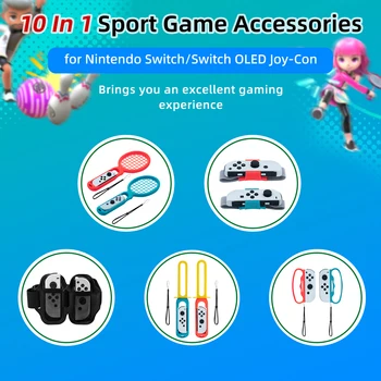 Комплект аксессуаров для спортивных игр 10 В 1, Фитнес-ремни, Теннисные Ракетки для Nintend Switch/OLED-переключателя Joy-Con (HBS-447)