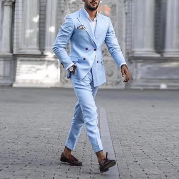 Легкое роскошное мужское пальто, длинные брюки, легкий деловой повседневный синий мужской повседневный комплект (топ + брюки)