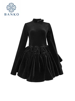 Официальное мероприятие, черное платье Gyaru Kawaii в стиле Лолиты, Японское милое платье с полувысоким воротником и винтажным бантом, выпускное платье Y2K Streetwear Gothic
