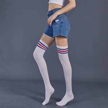 Чулки для косплея JK Woman в белую, красную, синюю полоску, Длинные носки в стиле Лолиты Выше колена, Женские компрессионные носки