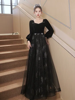 Элегантное женское черное вечернее платье с квадратным воротником, расшитым бисером, с длинным рукавом, с аппликацией в виде бриллиантов, Платье трапециевидной формы, женские платья во французском стиле