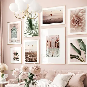Плакат с цветами в розовом стиле, зеленые листья, печать на холсте, Сафьяновая дверь, современные настенные рисунки для декора гостиной