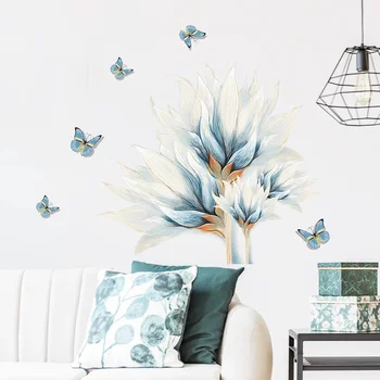 Акварельные синие наклейки с цветами и бабочками на стену для гостиной, наклейки на стены спальни, наклейки для гардероба, съемный плакат из ПВХ