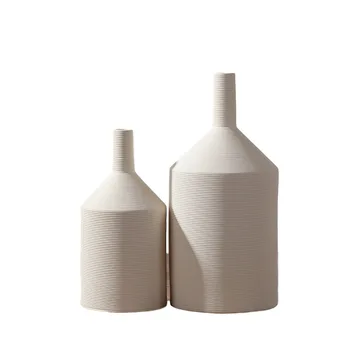 Современный простой стиль Белая Однотонная Керамическая ваза в полоску Украшение комнаты Декоративные Поделки