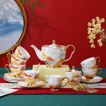 Кофейный сервиз из костяного фарфора в новом китайском стиле, кофейная чашка, блюдо, ложка, чайный сервиз, чайная чашка, заварочный чайник, подарочная коробка