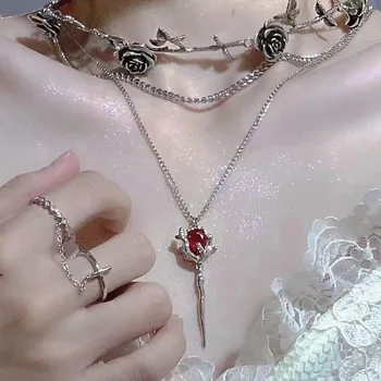 Двухслойное ожерелье с подвеской в виде розы из красного циркона Y2K, многослойные ожерелья с цветочными камнями, Нерегулярное Цветочное эстетическое ожерелье Egirl