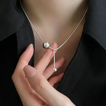 Ожерелье-цепочка из змеиной кости из стерлингового серебра 925 пробы с круглым шаром и геометрической формой для женщин, Изысканное Очаровательное Геометрическое ожерелье Оптом