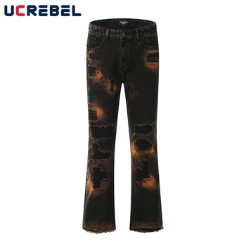 Расклешенные джинсы High Street Tie Dye, мужская повседневная уличная одежда с рваными дырками, джинсовые брюки с необработанным краем, мужские брюки