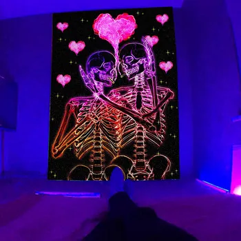 Черный световой гобелен, реагирующий на ультрафиолетовое излучение, Психоделический космический гобелен с черепом, эстетичный настенный гобелен для спальни, инди-декора комнаты в общежитии