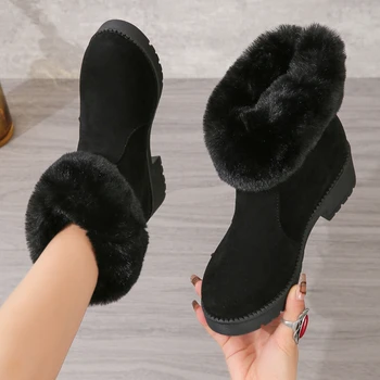 2023 Новые женские ботинки Зимние уличные теплые меховые ботинки Водонепроницаемые женские зимние ботинки на толстом каблуке с круглым носком на высоком каблуке