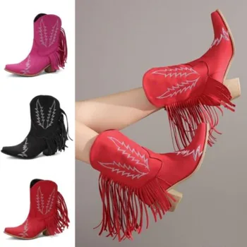 Женские короткие ковбойские ботинки на среднем каблуке, модные ботинки в западном стиле с острым носком и кисточками