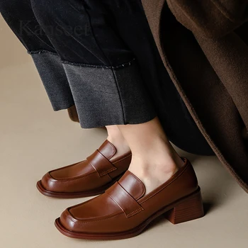 Женская обувь Kanseet из натуральной кожи, 2023, осенние женские туфли-лодочки с квадратным носком, коричневые, черные повседневные лоферы ручной работы, обувь на высоком каблуке