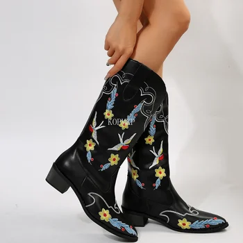 35-43 Модные новые женские сапоги в западном стиле до середины икры, ковбойские сапоги до колена с острым носком, женские кожаные ботинки с вышивкой Botas Mujer