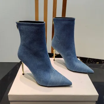 Размер 36-42, осень-зима, Новая женская обувь, джинсовые короткие ботинки на высоком каблуке, Дизайнерская обувь на молнии с острым носком, швейные Zapatillas