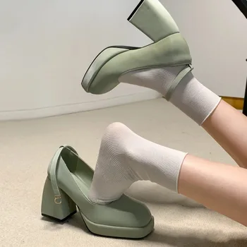 Элегантные женские туфли на высоком каблуке 2023, Весенние новые туфли-лодочки с квадратным носком, повседневные туфли с пряжкой и ремешком, Весенне-осенняя модная однотонная обувь