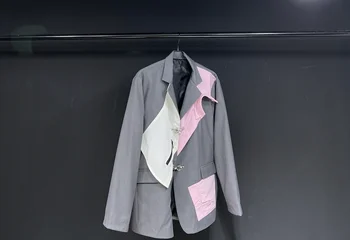 Супер Тонкий весенне-летний новый серый сшитый Розовый блейзер Женский модный пиджак