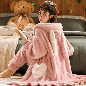 Зимняя плотная фланелевая пижама Кигуруми, пижамный комплект, мультяшный костюм для косплея, кролик с длинными ушами, милая ночная рубашка с капюшоном и брюки