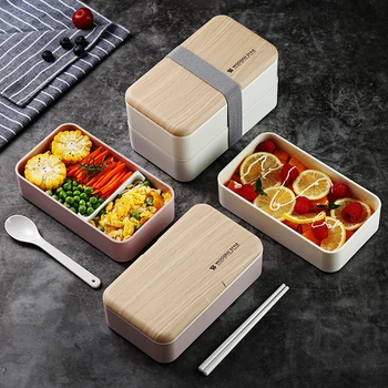 Микроволновая печь Двухслойный Ланч-бокс Bento Box в деревянном стиле Портативный Контейнер BPA Бесплатно Bento Ланч-бокс Lunchbox Bento Food Box