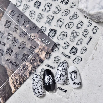 Черно-белые линии Дизайн лица Абстрактная мода 3D Самоклеящиеся наклейки для дизайна ногтей Шикарные наклейки для маникюра Оптом