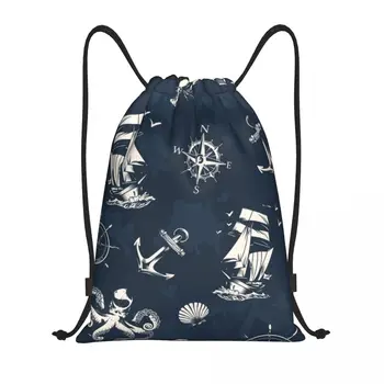 Изготовленная на заказ Винтажная сумка на шнурке с морским символом для тренировок, рюкзаков для йоги, женщин, мужчин, якоря для моряков, компаса, спортивной сумки для спортзала
