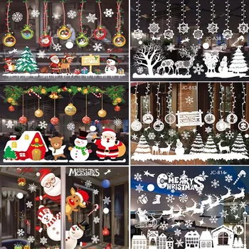 Рождественские наклейки на большие окна, Снежинка, Лось, Рождественская Елка, Рождественские украшения, Наклейка на стену, декор для домашнего магазина, художественные наклейки