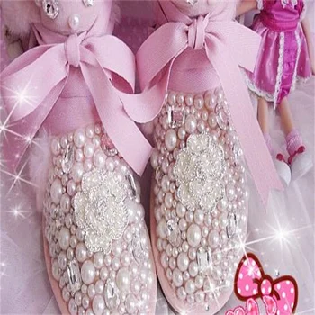 Зимние ботинки ручной работы с цветочным хрусталем и жемчугом на плоской подошве, круглые розовые женские ботинки средней длины большого размера