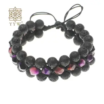 Многослойные Регулируемые браслеты с драгоценными камнями с узелковым шнуром и натуральным черным круглым камнем для женщин и мужчин, широкий браслет, браслеты-манжеты